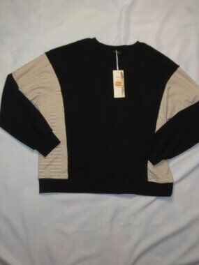 NWT DOKOTOO womens SWEATSHIRT black SOFT tan STRIPES top CREWNECK SIZE L